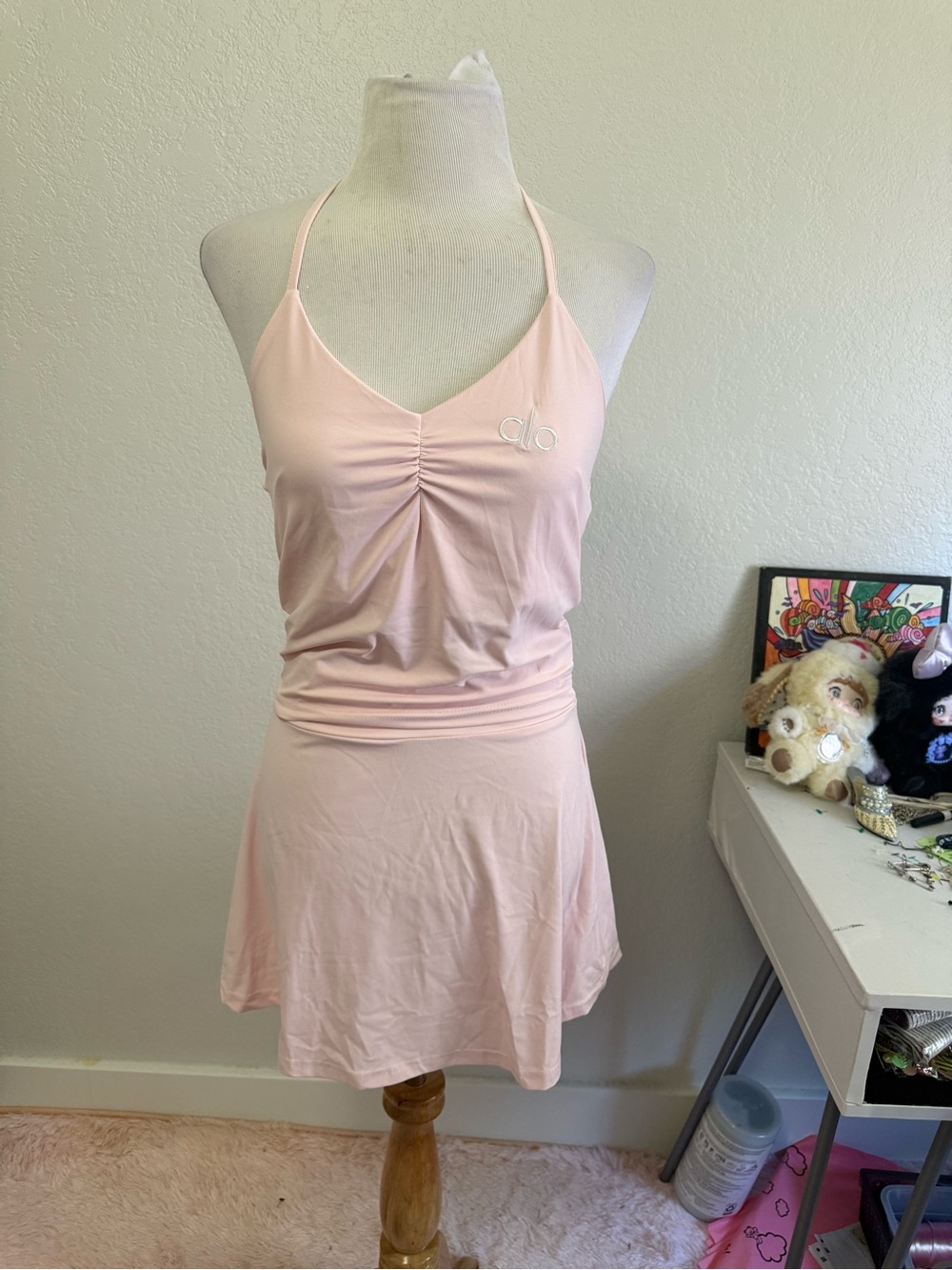 ALO Yoga Pale Pink Halter Dress with Ruched V-Neck